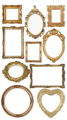 many different types of gold frames on a white background