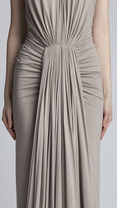 Draped dress with micro pleats & ruched sides; sewing; fabric manipulation; draping; fashion design detail // Rick Owens Draped Dress Outfit, Designer Drape Dresses, Draping Dresses, Drape Dress Pattern, Draping Dress, Draping Techniques, Fashion Draping, Silver Cocktail Dress, Draping Fashion