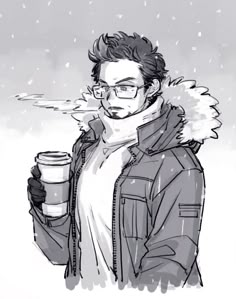 a drawing of a man with glasses holding a coffee cup in front of his face