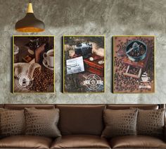 three pictures hang on the wall above a couch in a living room with brown furniture