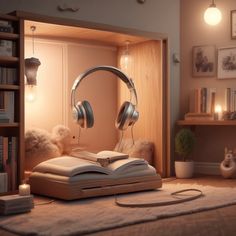 an open book with headphones sitting on top of it in front of a lamp