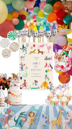 a birthday party with balloons, cake and cupcakes