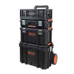 three black storage containers stacked on top of each other with orange rims and wheels