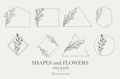 different shapes and flowers are shown in the shape of hexagons with leaves on them