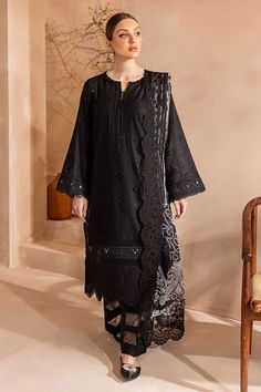 Nureh NE- 99 Koyal Exclusive Lawn 2024 Elegant Black Cotton Lawn Suit, Black Cotton Lawn Suit For Work, Black Long Sleeve Lawn Suit For Work, Black Long Sleeve Lawn Suit With Chikankari Embroidery, Black Sets For Work Wear And Eid, Traditional Black Lawn Suit For Spring, Kurta Design, Ladies Clothing, Shalwar Kameez