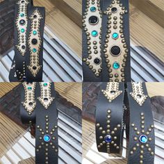 Unique handmade studded and jeweled belt based on 1950' style consisting of:  - leather                                : water buffalo  - color                                    : black  - length                                  :Size 100 cm  waist center of 5 holes  - wide                                     : 1 1/2 (3,8cm)  - rivets                                    : hemispherical iron hollow rivets 0.2" (5mm)  - rivetcolor                             : Brass   - rimstones Adjustable Black Belts With Studs, Adjustable Black Belt With Studs, Adjustable Black Belt Buckles With Rivets, Adjustable Festival Belts With Rivets, Black Western Belt For Festivals, Western Black Belt For Festivals, Western Style Black Belt For Festivals, Black Western Belt Buckles For Festival, 1950 Style