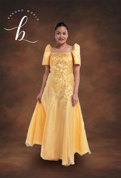 Traditional Traje De Mestiza Golden Yellow Filipiniana Gown is Made from 100% Premium Organza & Lining.Classic Details, 100% Authentic Fabric, Handcrafted by Filipino Barong Weavers, Super High Quality & Affordable. This very elegant and simple Filipiniana is the perfect outfit for any event. Celebrate the Philippine culture and stand out with this dress. We have a preset adjusted size chart (checkout one of the photos) for our Filipiniana dresses or you can use the virtual tailoring instruction