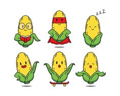 cartoon corn on the cob with different facial expressions and emotions, including one wearing a red cape