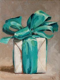 a painting of a wrapped present box with a green ribbon on it's bow