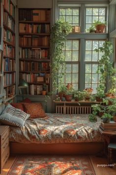 a bedroom with a bed, bookshelf and plants in the window sill