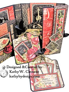 some cards and tags are stacked on top of each other with the words, designed & created by kathy w clement