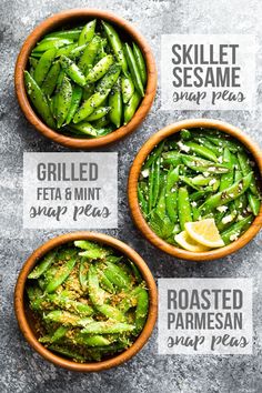 three wooden bowls filled with green beans next to each other on top of a table