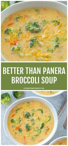 broccoli soup in a white bowl with the words, better than panera broccoli soup