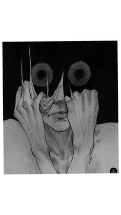 a black and white drawing of a woman covering her face with two eyes, holding her hands to her face