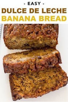 sliced banana bread on a white plate with text overlay that reads easy and delicious