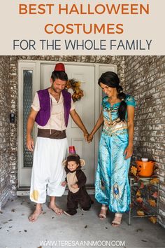 a man and woman holding hands while standing in front of a door with a small child