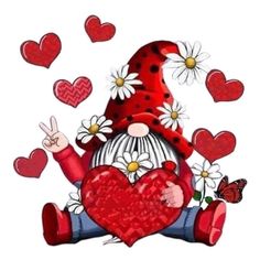 a gnome holding a heart with daisies and butterflies around it, surrounded by hearts