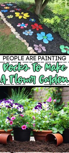 people are painting rocks to make a flower garden with flowers in pots and on the ground