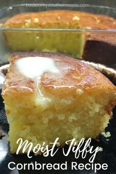 a close up of a piece of cake on a plate with the words most fluffy cornbread recipe