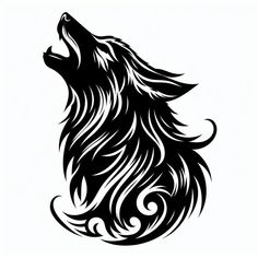 a black and white wolf's head on a white background