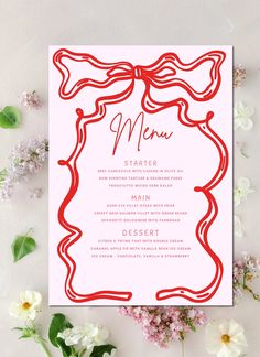 a menu card with red lines on it next to flowers and greenery in the background