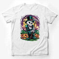 Grim Reaper Halloween Costume T-Shirt with Pumpkins and Spooky Forest Graphic Male T-Shirt Custom graphic T-Shirt.Customize your color White Halloween T-shirt With Front Print, Halloween Streetwear Shirt With Sublimation Print, Halloween Short Sleeve T-shirt For Streetwear, Short Sleeve T-shirt For Halloween Streetwear, Halloween Novelty T-shirt With Graphic Print, Halloween Short Sleeve Top With Front Print, Halloween Front Print Short Sleeve Tops, Novelty Halloween T-shirt For Streetwear, Halloween Novelty T-shirt For Streetwear