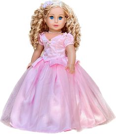 a doll with blonde hair and blue eyes in a pink dress on a white background