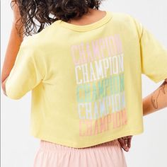 Nwt Champion Yellow Embroidered Logo Crop Top Urban Outfitters Size Small Women's Relaxed Fit Pastel Colored Print Spell Out Logo On Back And Pastel Colored Embroidered Logo On Front 100% Cotton Length 17” Long Top Shoulder To Hem Measurements Taken Laying Flat* New Yellow Tops With Logo Print, Yellow Letter Print Tops, Casual Yellow Tops With Embroidered Graphics, Neon Sweater, Trendy Graphic Tees, Trendy Shirts, Cropped T Shirt, Top Graphic Tees, Lifestyle Clothing