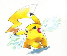 a watercolor painting of a pikachu with lightning coming out of its back