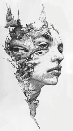 a black and white drawing of a woman's face with trees growing out of it