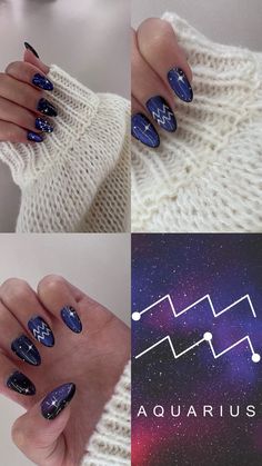 Inspired by the colors of the galaxy and the shining stars acrylic almond shaped nails with nail art representing the Aquarius symbol #naildesign #nailart #nailinspiration #purplenails #aquarius Nails For Aquarius, Zodiac Nails Aquarius, Aquarius Acrylic Nails