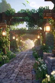 an arch in the middle of a brick walkway with lanterns on either side and flowers growing all around