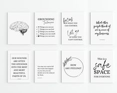 six cards with black and white text on them