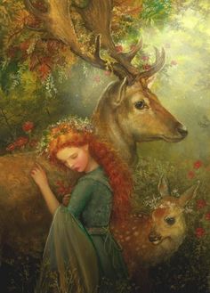 a painting of a girl and deer in the woods