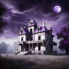 an old abandoned house in the middle of a field under a purple moon filled sky