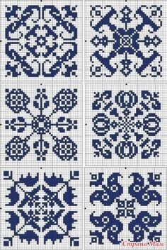 four cross stitch designs in blue and white