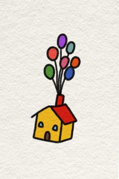 a drawing of a house with balloons in the shape of a house on top of it