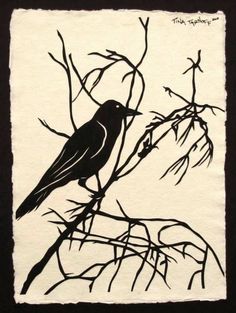 a black and white drawing of a bird on a tree branch with branches in the foreground