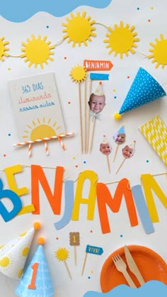 a birthday card with the words be namn surrounded by party hats and cake picks