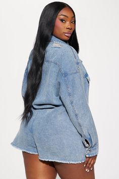 Available In Medium Wash And Black. Denim Romper Collar Long Sleeve Button Up Pockets Raw Hem Non Stretch Disclaimer: Due To The Specialized Wash. Each Garment Is Unique. 95% Rayon 5% Spandex Imported | Jodie Denim Romper in Medium Wash size XS by Fashion Nova