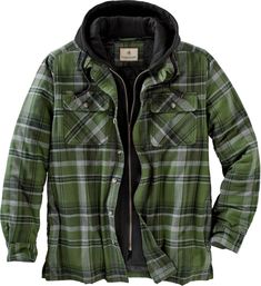 Can't wait for that first cool fall day? Then you'll love this soft washed 100  cotton yarn-dyed flannel hooded shirt jac. Featuring quilted satin lined body and sleeves with 130 gm of poly-fill insulation  zippered entry placket and double lined fleece hood - plus  convenient side hand warming pockets. Finished with Legendary  buttons and Signature Buck embroidery. Mens Winter Shirts, Winter Jacket Men Parkas, Overcoat Men, Mode Tips, Mens Puffer Jacket, Hooded Jacket Men, Winter Shirts, Flannel Jacket, Winter Jacket Men