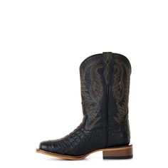 These Cavender's Boys' Black Crocodile Print Wide Square Toe Cowboy Boots blend timeless style with practical features. Crafted from premium leather, the boots showcase a striking black crocodile print foot and a sleek black upper. The wide square toe offers ample space and comfort, while the removable insole allows for growth, providing up to an extra half size of wiggle room. The boots are built with a durable double stitch welt and a robust rubber outsole for reliable traction. A roper heel ensures stability and ease of movement, and the pull-on design, enhanced by pull straps, facilitates effortless wear. Ideal for any young cowboy, these boots are available exclusively at Cavender's. Kids Cowboy Boots, Square Toe Cowboy Boots, Buckaroo Boots, Alligator Boots, Cowboy Boots Square Toe, Ostrich Boots, Roper Boots, Active Play, Hunting Boots