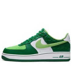 Introducing the Nike Air Force 1 Low ‘St. Patrick’s Day’ – a sneaker that celebrates March 17 in style! The leather upper is decked out in two shades of green – Pine Green and Mean Green – with perforated detailing on the toe box. The Swoosh is finished in gold for a touch of luxury, while the four-leaf clover debossed pattern on the heel overlay adds a festive touch. (AF1/SNKR) Green Leather Nike Air Force 1 Sporty Shoes, Green High-top Sneakers With Perforated Toe Box, Green Basketball Shoes With Perforated Toe Box For Streetwear, Green Leather Nike Air Force 1 With Round Toe, Green Leather Nike Air Force 1 For Sports, Green Low-top Basketball Shoes With Perforated Toe Box, Nike Green Leather Custom Sneakers, Green Nike Air Force 1 Lace-up With Branded Insole, Green Nike Air Force 1 Lace-up Sneakers