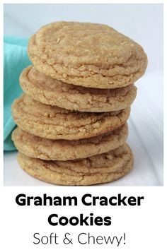 a stack of graham cracker cookies with the words soft and chewy on top