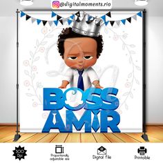 an advertisement for boss amr with a cartoon character wearing a crown