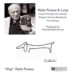 an old man is holding a dog in his lap and the caption reads, pabo picsso & lump lumino is the pup who inspired picasso's famous drawing line drawing