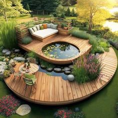 a wooden deck surrounded by plants and water features a seating area with benches on it