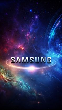 the samsung logo is shown in front of an image of space and stars, as well as