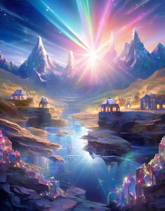 an image of a fantasy landscape with mountains in the background and water running through it