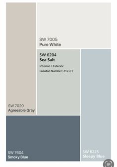 some gray and white paint colors with the words sw 7005 pure white on them